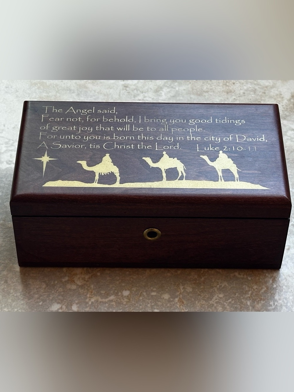 New with Key Christian Wooden Locking Keepsake Box, Nativity Luke Scripture